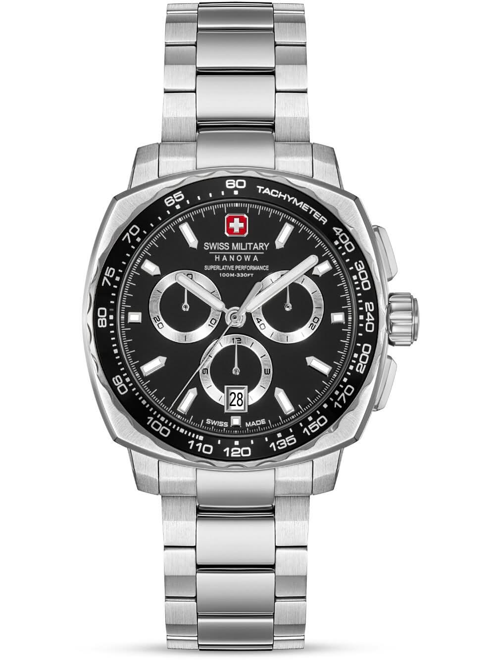 Swiss Military Hanowa Herren-Chronograph 41-mm Uhr mit schwarzem Zifferblatt und Stahlband