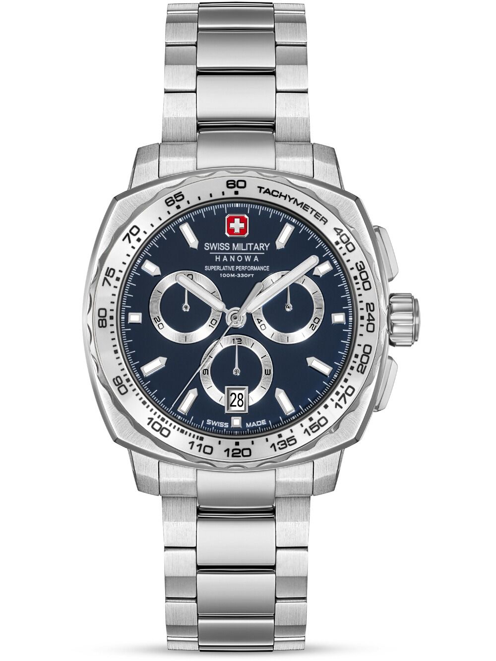Herren-Chronograph mit silbernem Edelstahlband, blauem Zifferblatt und Tachymeter-Lünette