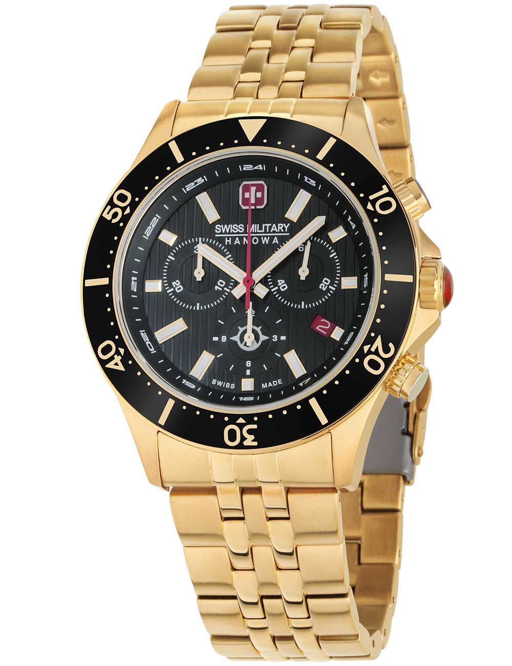 Swiss Military Hanowa Herren-Chronograph mit goldfarbenem Edelstahlarmband, schwarzem Zifferblatt