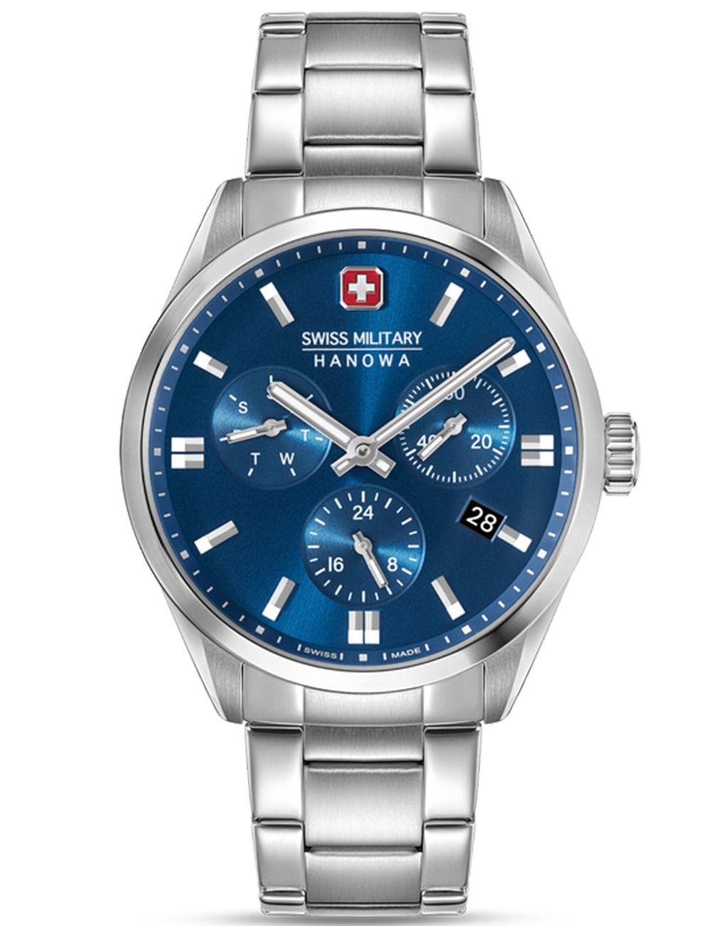 Herrenarmbanduhr Swiss Military Hanowa mit blauem Zifferblatt, Edelstahlarmband, Analoganzeige