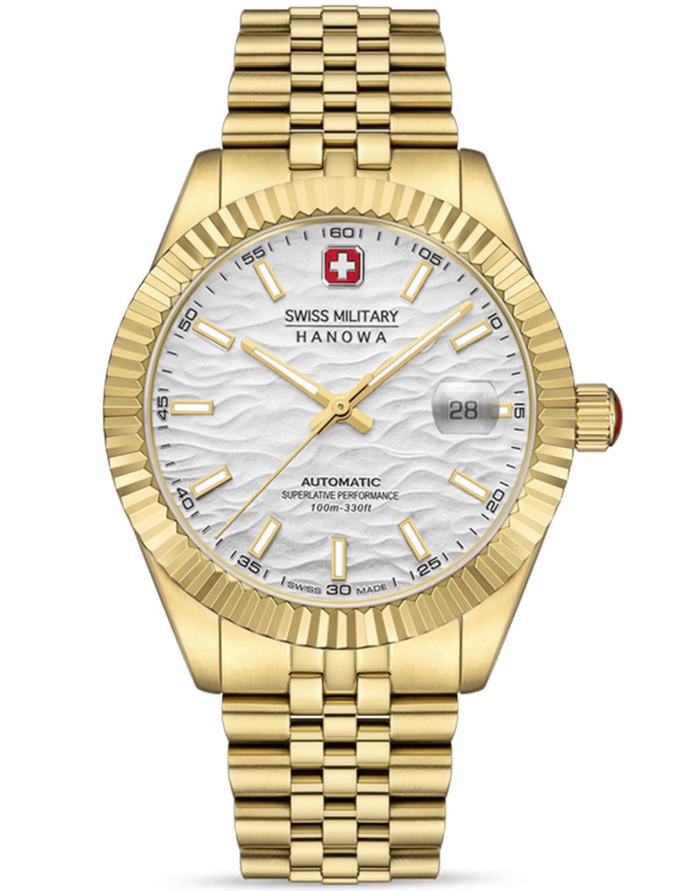 Herrenautomatikuhr Swiss Military Hanowa mit goldenem Metallarmband und weißem Zifferblatt