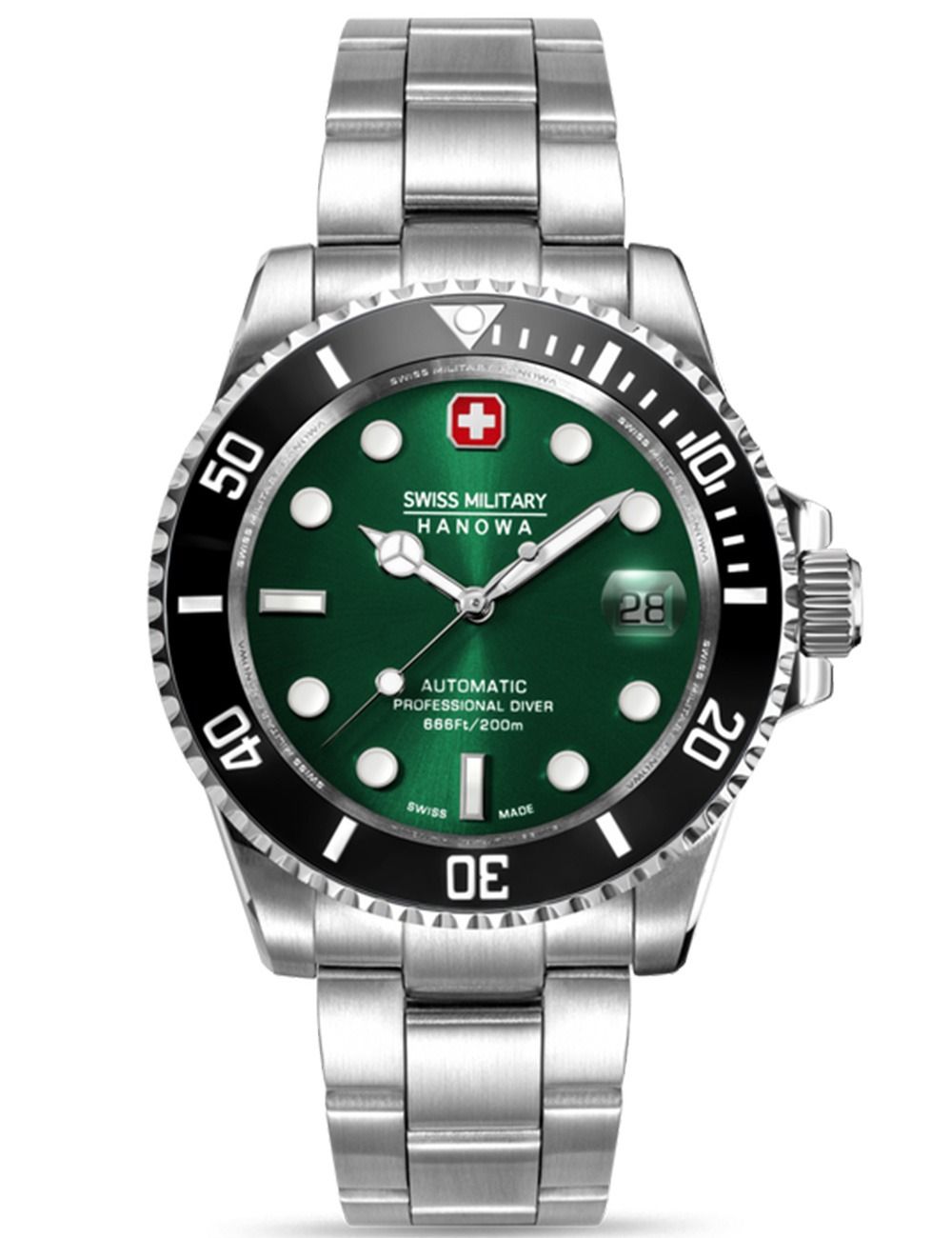 Swiss Military Hanowa Herren-Armbanduhr: grünes Zifferblatt, schwarze Lünette, Edelstahlband