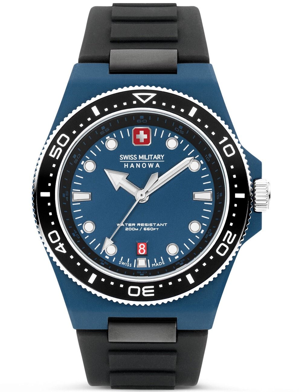 Herrenarmbanduhr mit blauem Zifferblatt, schwarzer Lünette und schwarzem Kautschukband