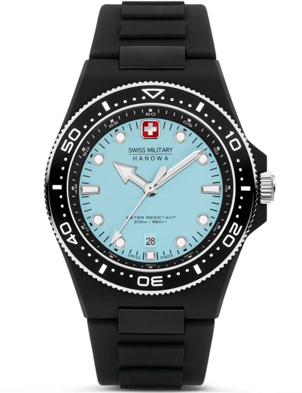 Schwarze Swiss Military Hanowa Taucheruhr mit 45-mm Zifferblatt, Lünette und Datumsanzeige