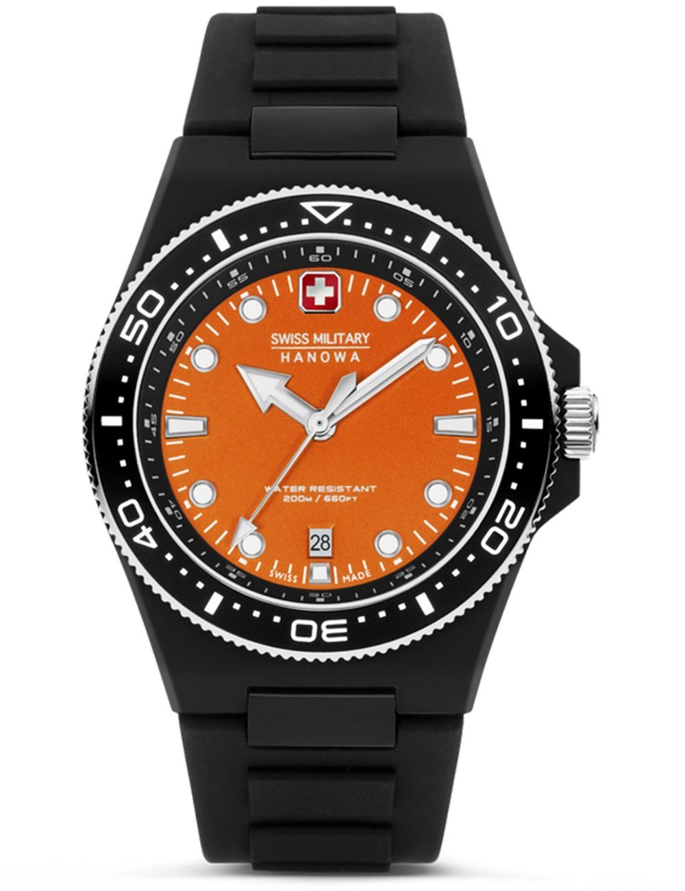 Herrenarmbanduhr mit schwarzem Kautschukband, orangefarbenem Zifferblatt und Leuchtmarkern