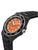 Herrenarmbanduhr seitlich: schwarzes Gehäuse, orangefarbenes Zifferblatt, markante Krone