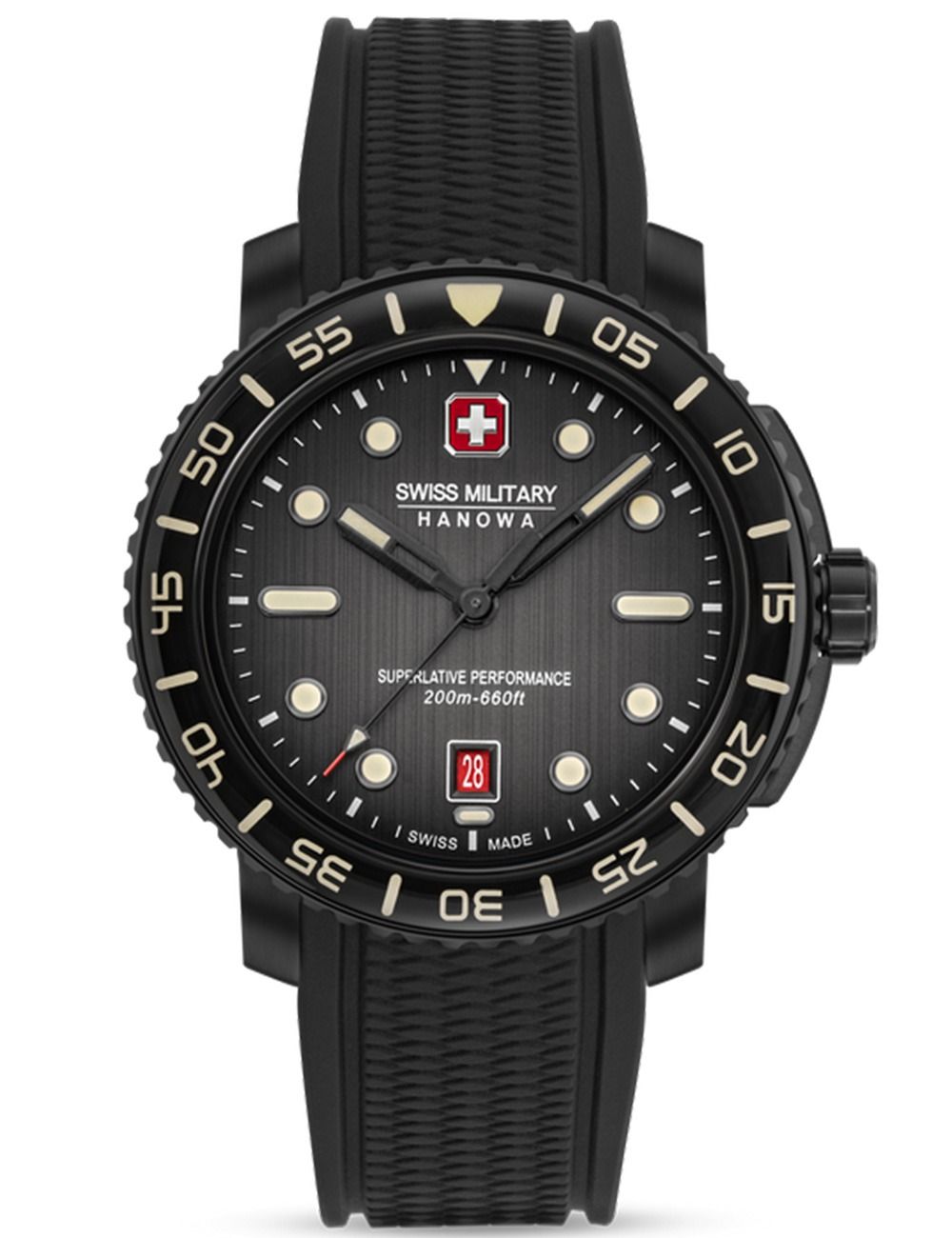 Schwarze Herrenarmbanduhr Swiss Military Hanowa mit Textilarmband und schwarzem Zifferblatt