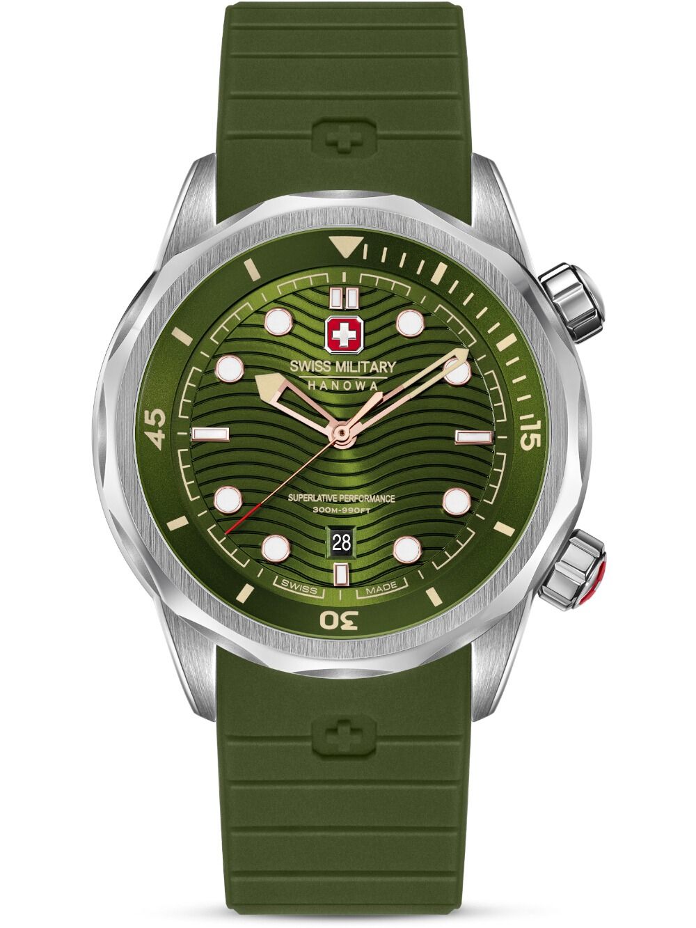 Herrenarmbanduhr Swiss Military Hanowa mit grünem Kautschukband und grünem Zifferblatt, Datum