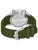 Rückseite der Herrenarmbanduhr mit grünem Kautschukband und Edelstahlboden mit Prägung