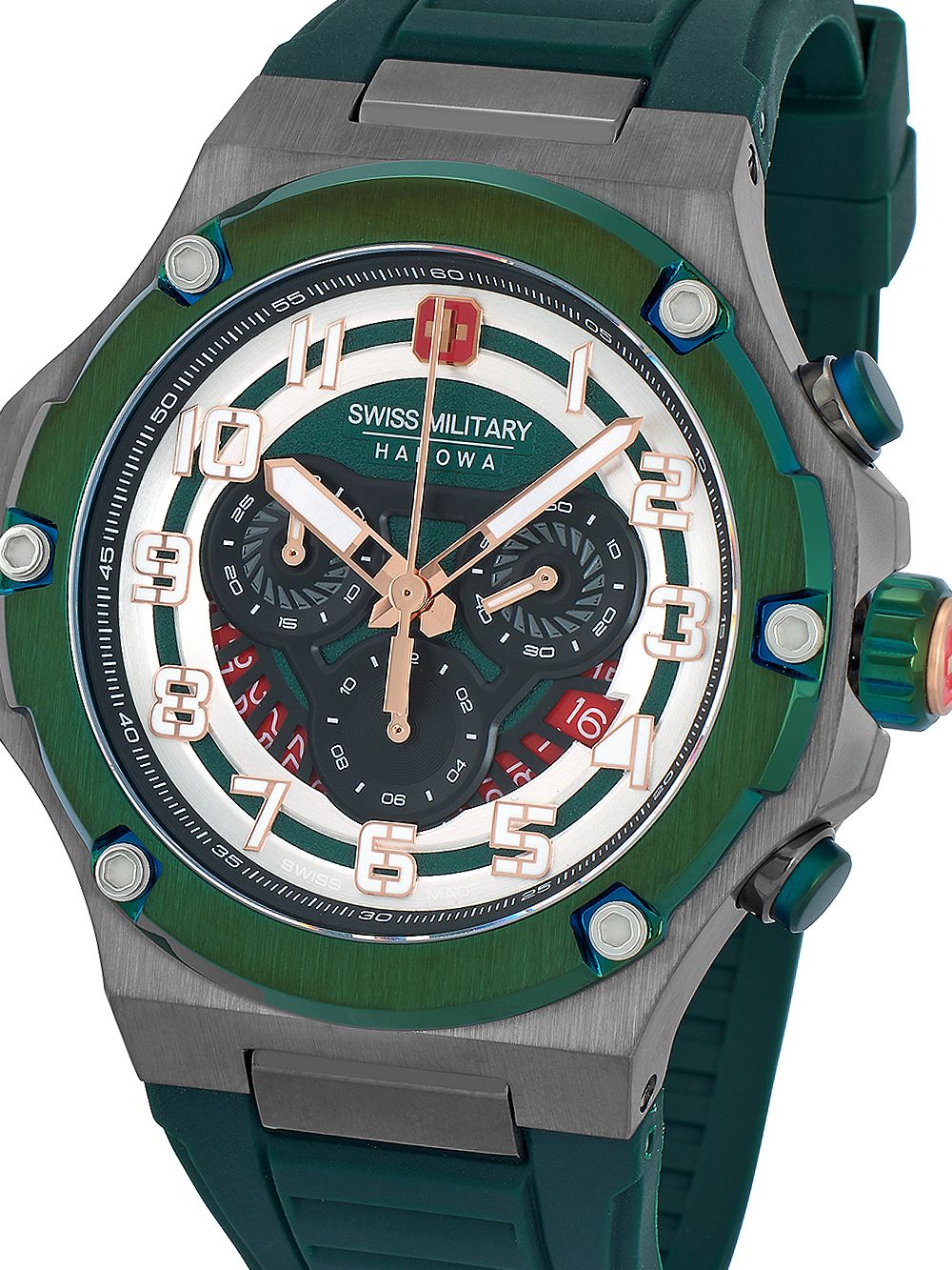Swiss Military Hanowa Chronographenuhr mit grünem Silikonarmband und grauem Gehäuse