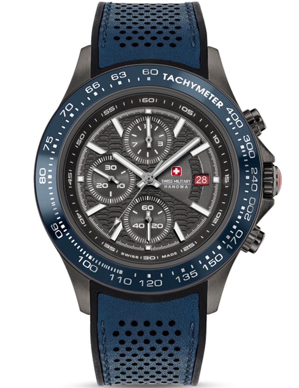 Chronographenarmbanduhr mit blauem Lederband, schwarzem Zifferblatt und Tachymeter-Lünette