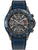 Chronographenarmbanduhr mit blauem Lederband, schwarzem Zifferblatt und Tachymeter-Lünette