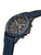 Chronographenarmbanduhr mit blau perforiertem Band, schwarzem Zifferblatt und Drückern