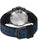 Rückansicht der Chronographenarmbanduhr mit blauem Lederband und Gehäuseboden