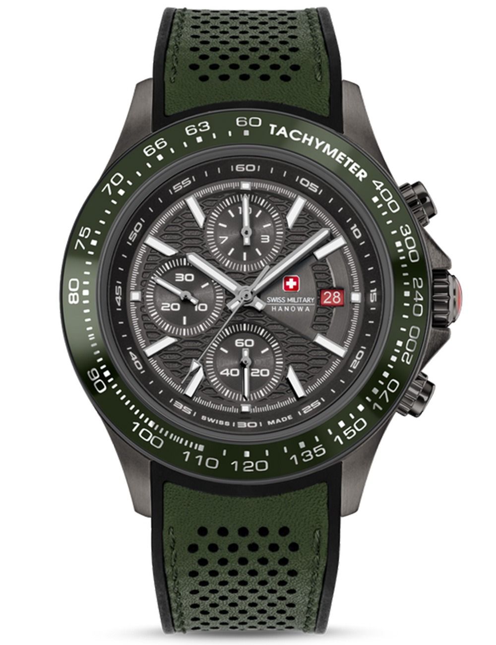 Chronographenuhr mit grünem Kautschukarmband und schwarzem Zifferblatt