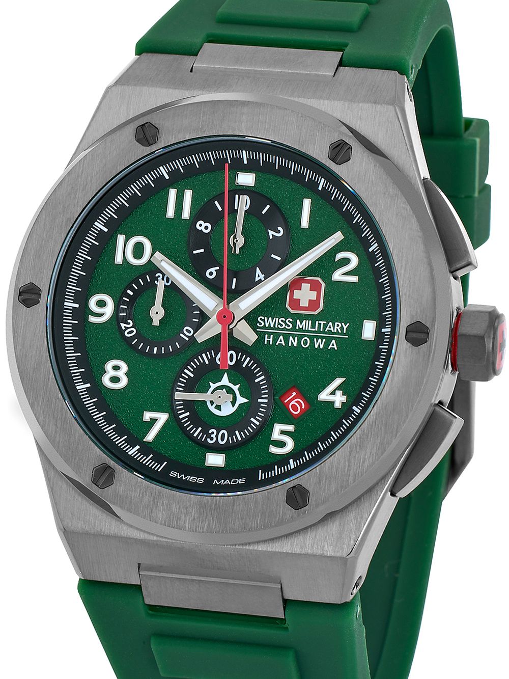 Herrenuhr mit Chronographenzifferblatt, grünen Akzenten und grünem Kautschukband