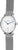 Montre femme vue de face : cadran blanc, aiguille centrale bleue, bracelet milanais