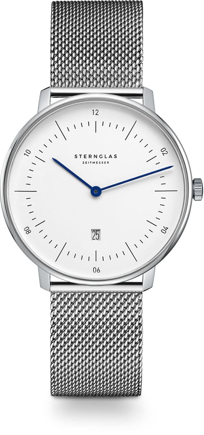 Montre femme avec cadran blanc, aiguilles bleues et bracelet en maille milanaise métallique