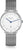 Montre femme avec cadran blanc, aiguilles bleues et bracelet en maille milanaise métallique