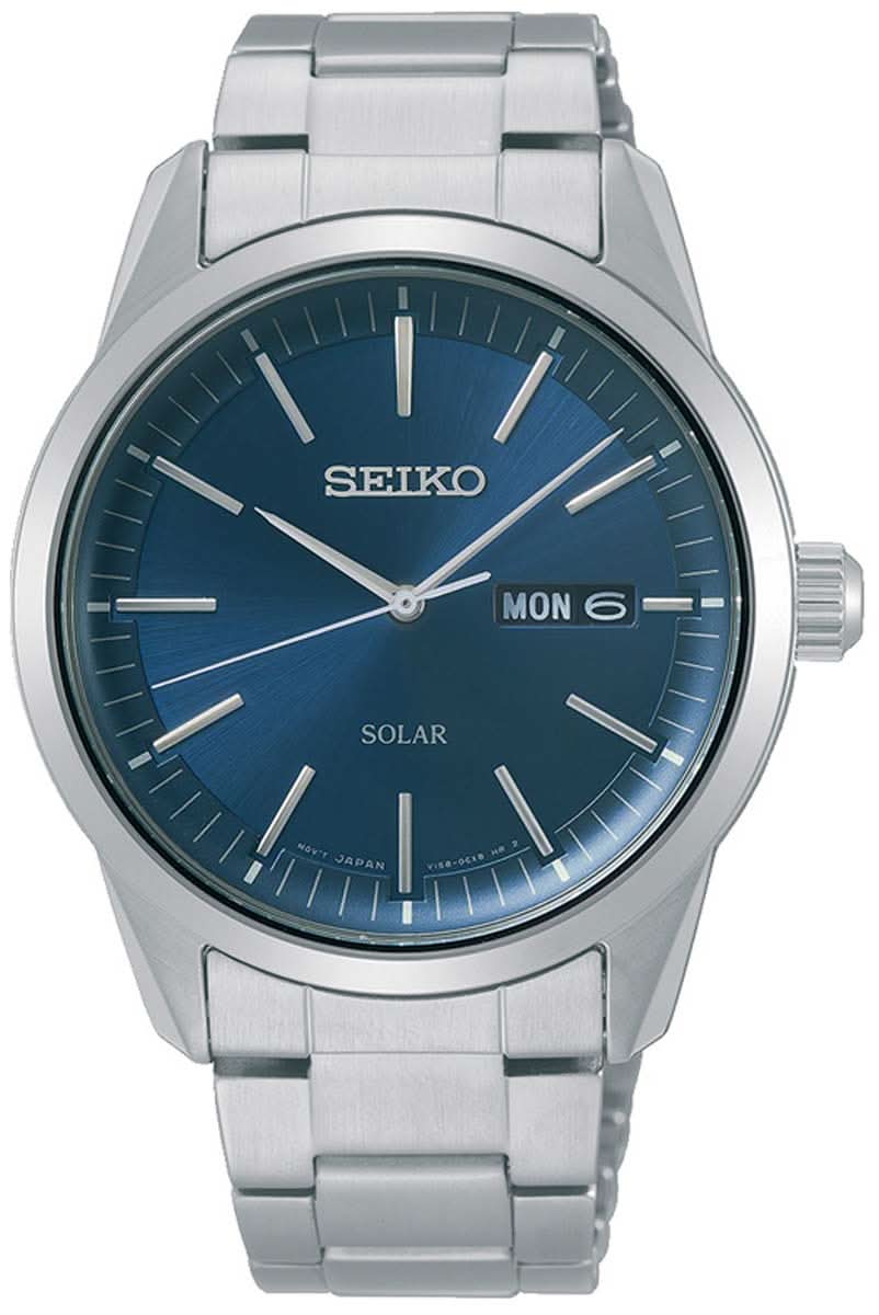 Montre bracelet homme avec bracelet en métal argenté, cadran bleu et date à 6h, SOLAIRE