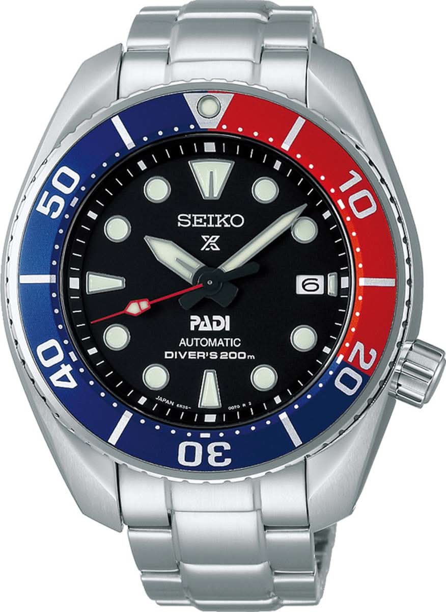 Montre homme avec bracelet en acier inoxydable, cadran noir et lunette bleu-rouge