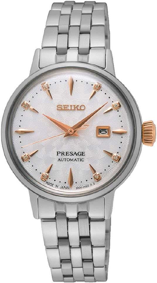 Montre pour femme avec bracelet en acier inoxydable argenté et cadran clair, automatique, aiguilles dorées