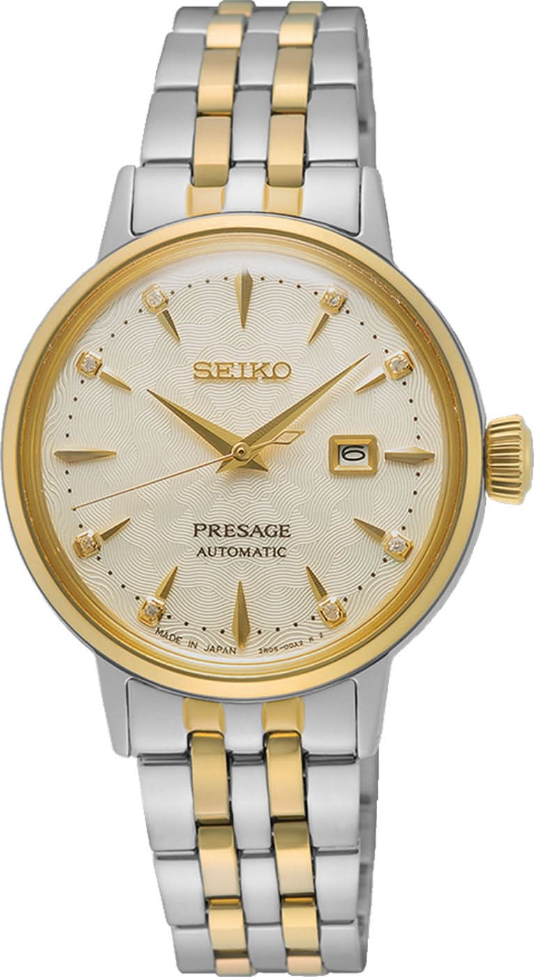 Montre Seiko Presage pour femme : cadran crème, accents dorés, bracelet bicolore en métal