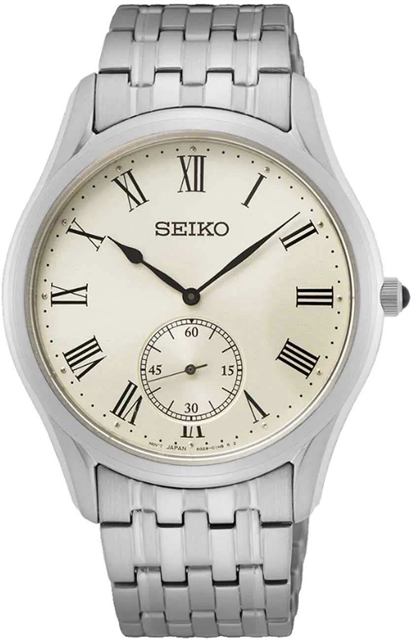 Silberne Herrenuhr mit Edelstahlarmband, beigem Zifferblatt, römischen Ziffern, Subdial