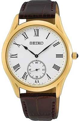 Montre Seiko pour homme avec boîtier doré, cadran blanc et bracelet en cuir marron