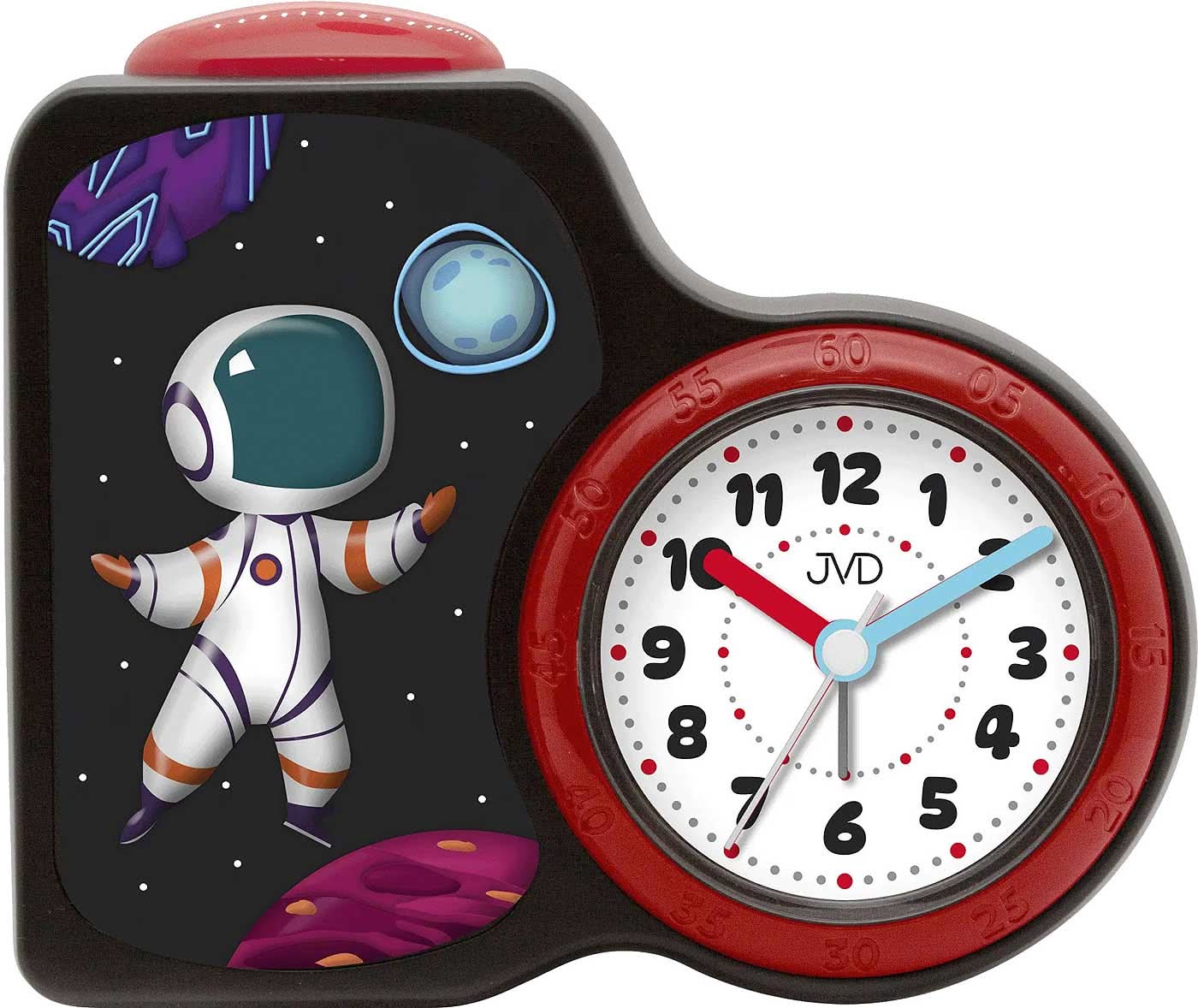 Wecker mit rotem Ziffernblatt und JVD-Aufdruck, schwarz-rotem Gehäuse mit Astronautenmotiv