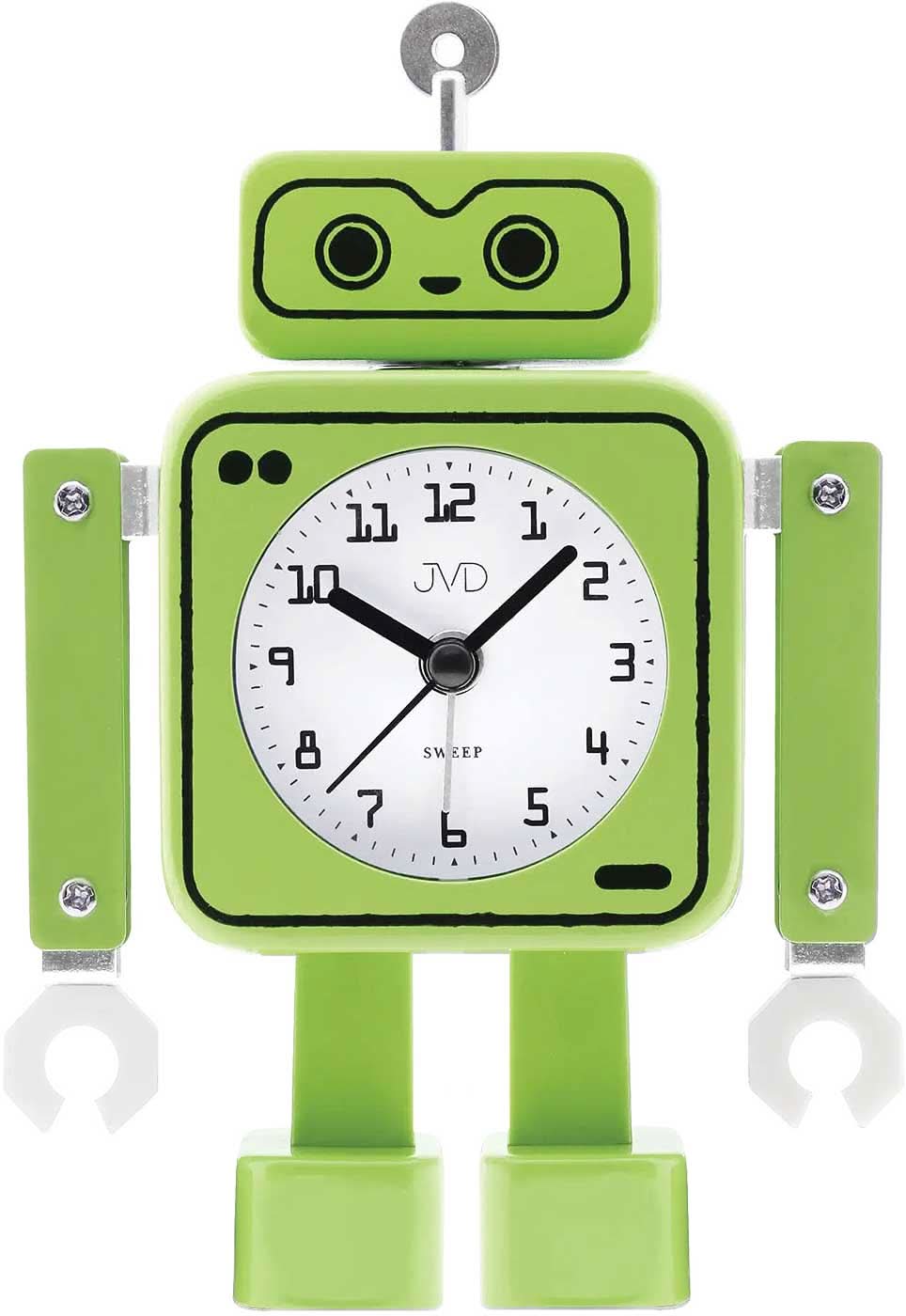 Grüner Roboter-Wecker mit analogem Zifferblatt und Sekundenzeiger, Arme beweglich