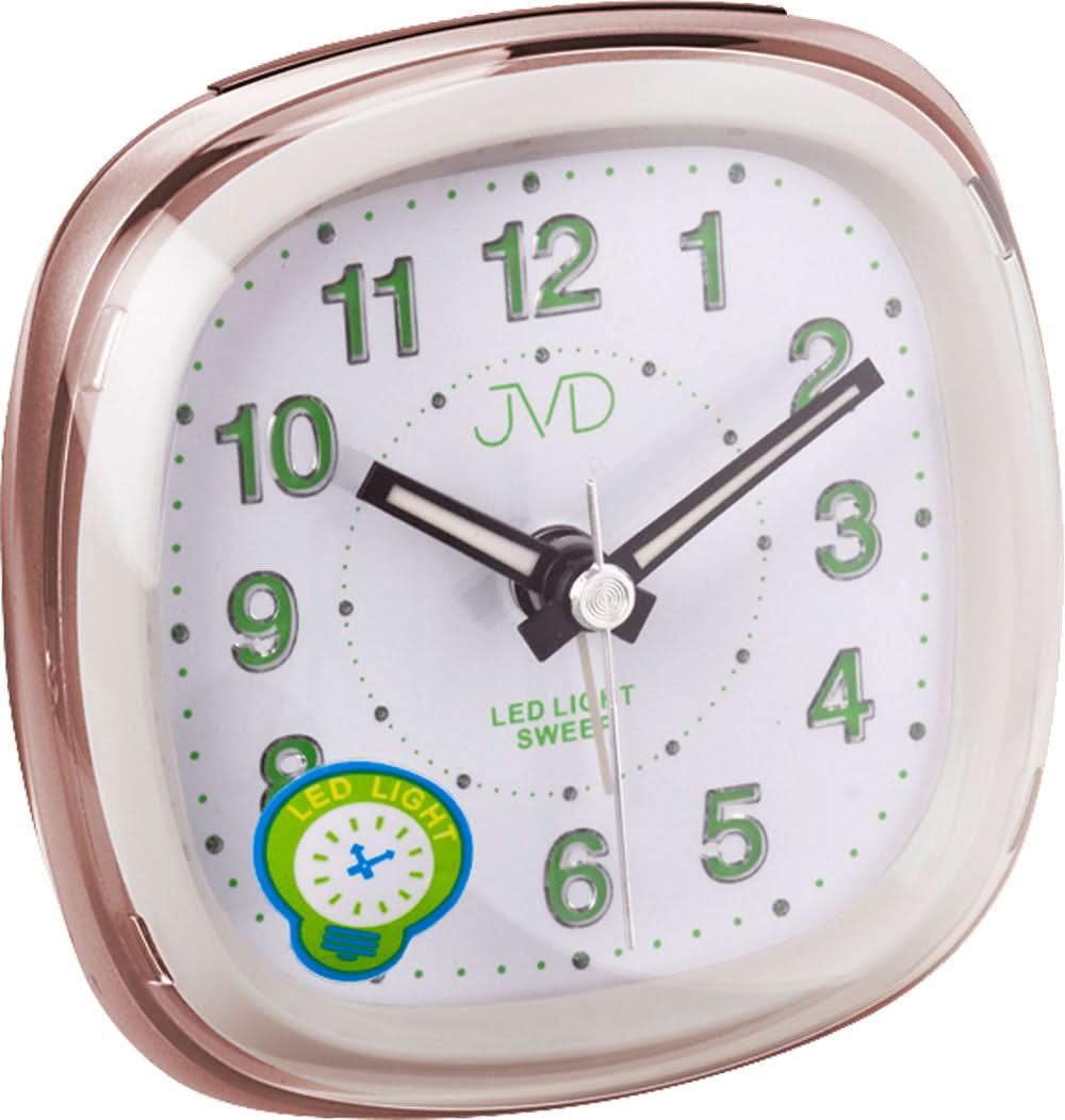 Réveil analogique avec contour or rose, chiffres lumineux verts et affichage LED