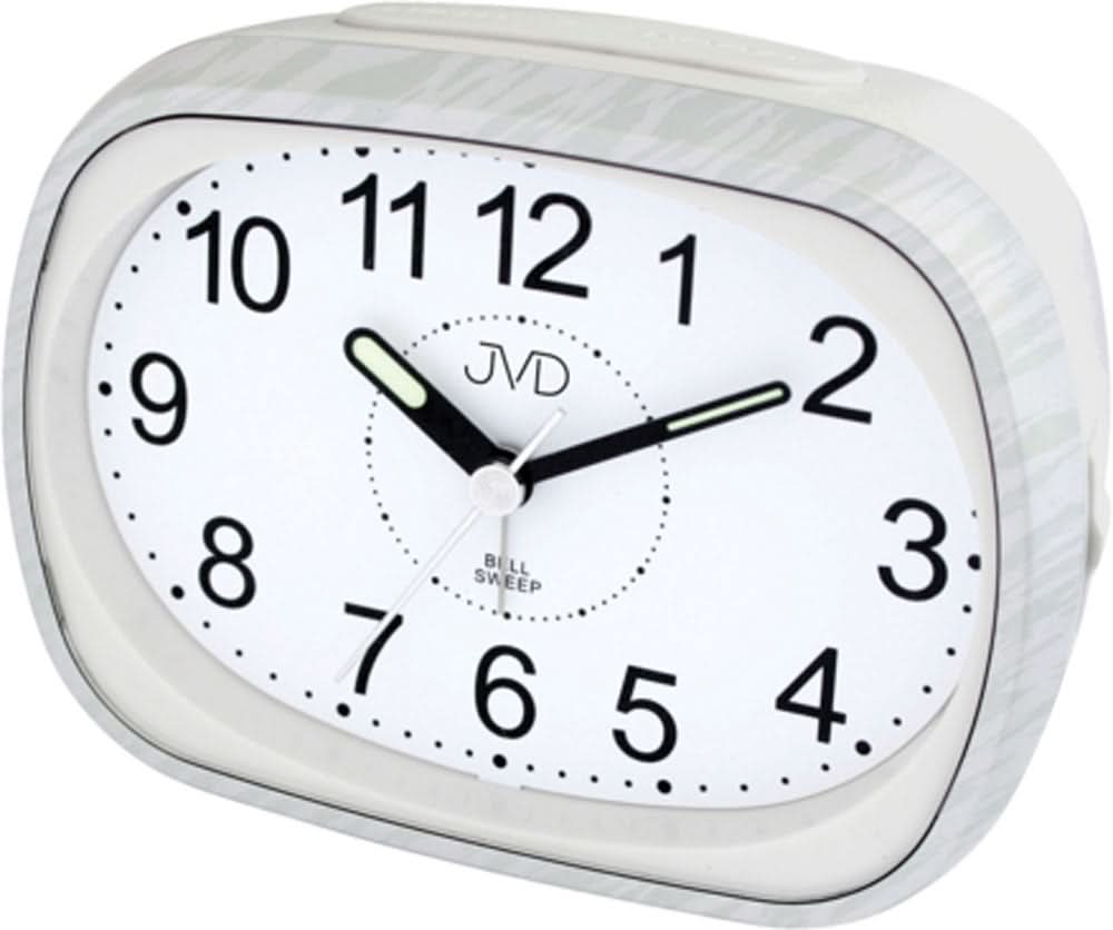 Réveil analogique classique avec cadran blanc, aiguilles noires et logo JVD