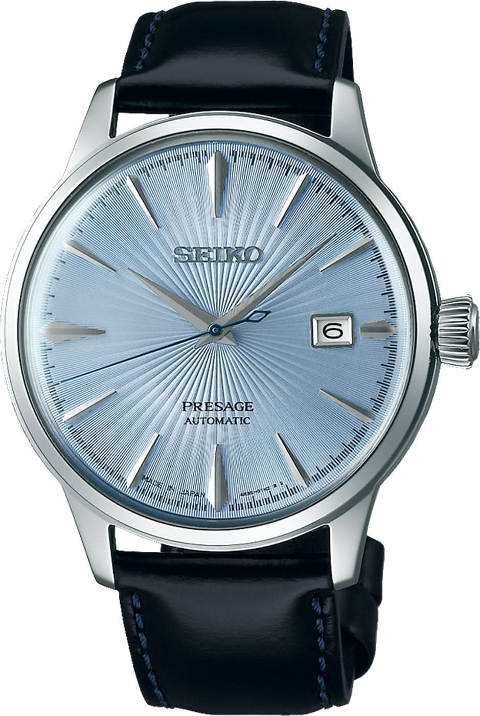 Montre SEIKO pour homme avec cadran bleu, bracelet en cuir noir, date à 6h