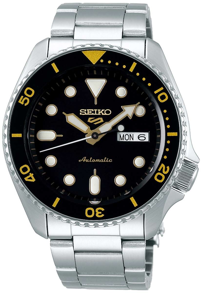 Herrenuhr mit schwarzem Zifferblatt, gelben Akzenten und Metallarmband, Automatik