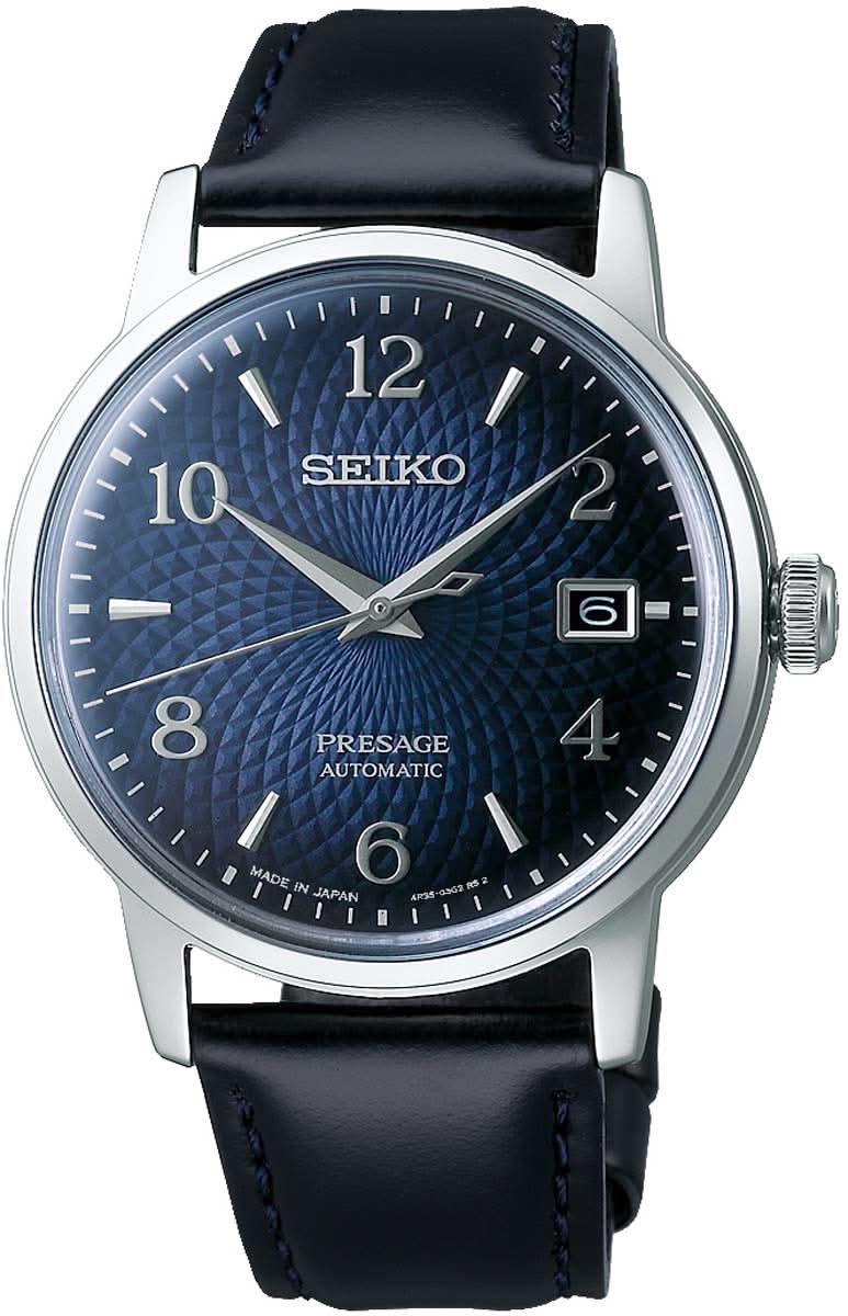 Bracelet de montre pour homme avec cadran bleu, boîtier argenté et bracelet en cuir noir.