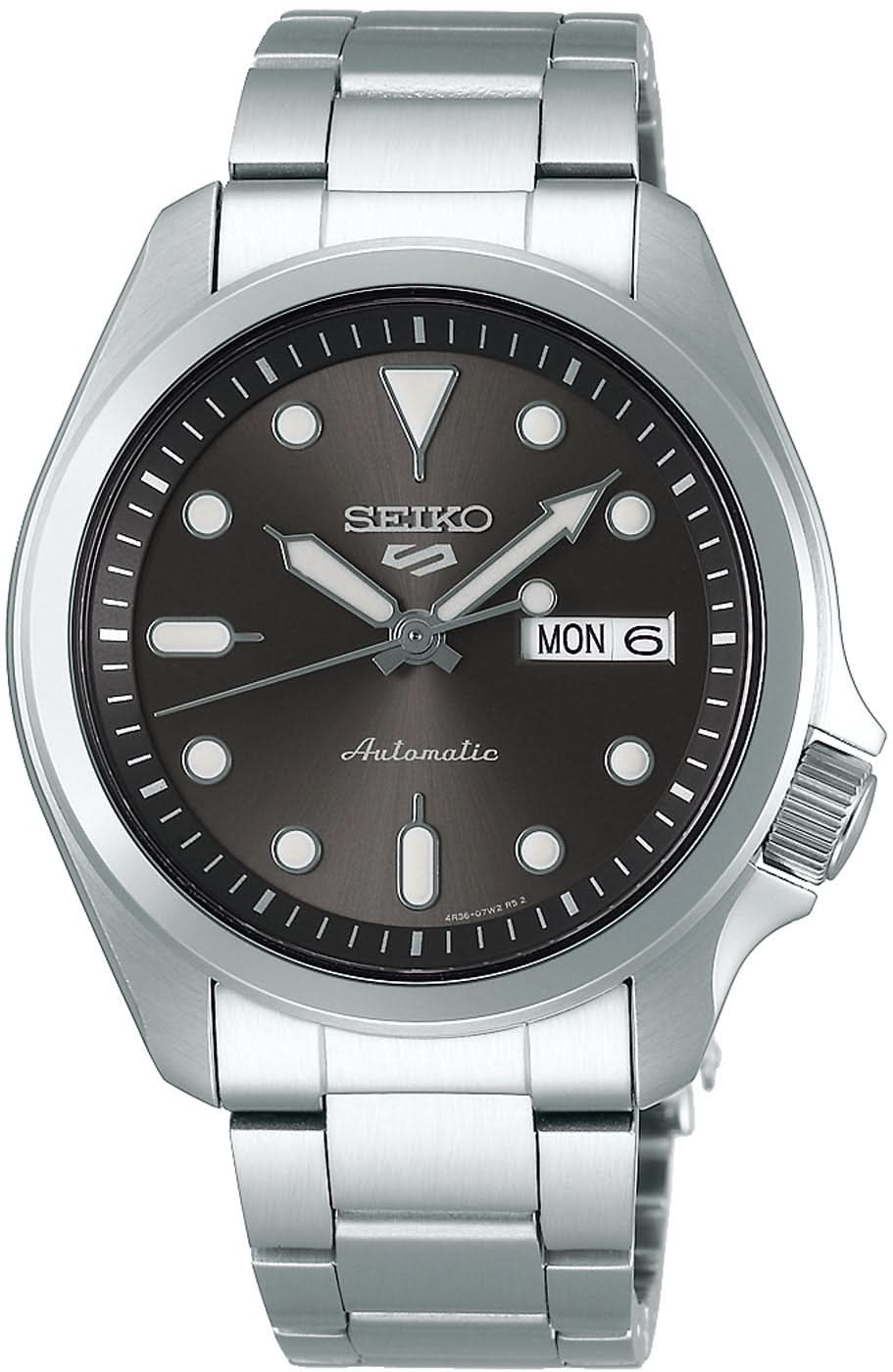 Bracelet de montre pour homme en acier inoxydable, cadran sombre, affichage de la date « LUN » et logo automatique