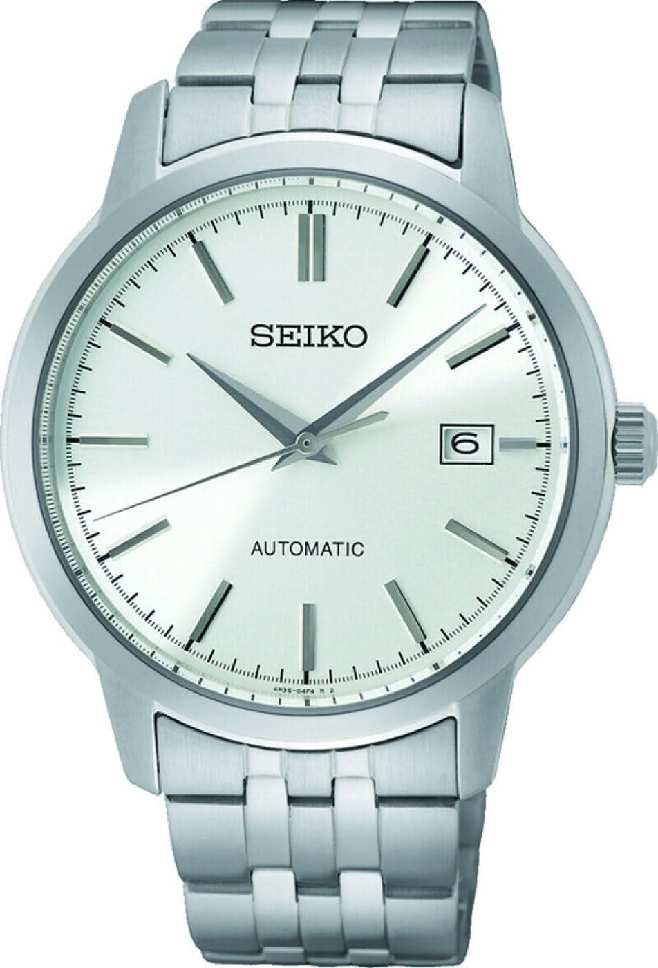 Montre bracelet pour homme Seiko : bracelet en métal argenté, cadran blanc, automatique