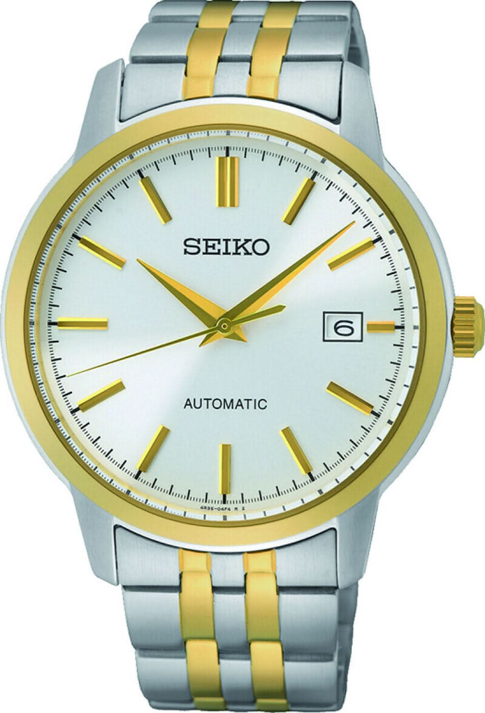 Montre bracelet bicolore pour homme avec cadran blanc, aiguilles dorées et guichet date
