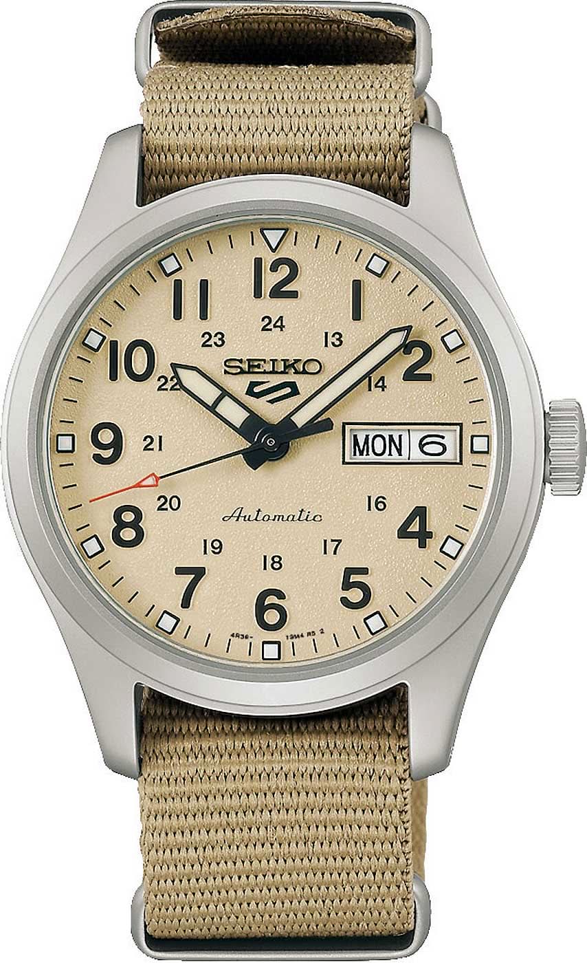 Montre pour homme avec bracelet textile beige, boîtier argenté et cadran beige