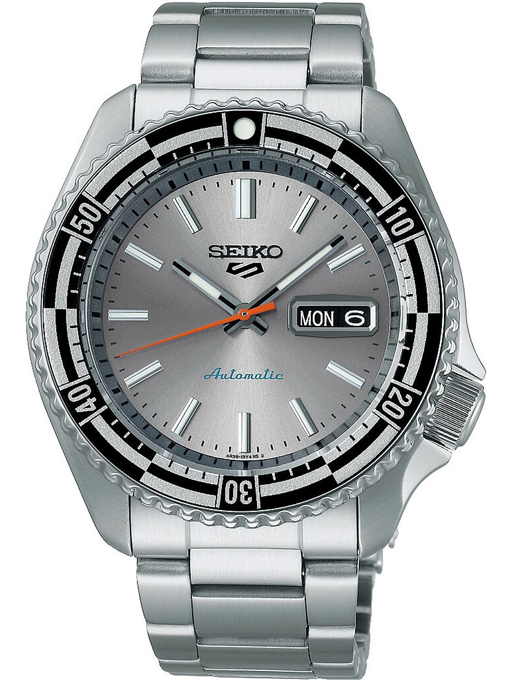 Seiko 5 Sports Herren-Automatikuhr mit silberfarbenem Edelstahlband, grauem Zifferblatt, Datum