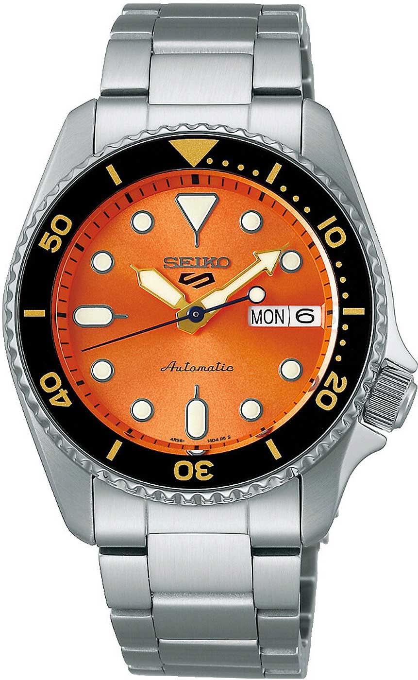 Seiko 5 Sports Automatik-Armbanduhr mit orangefarbenem Zifferblatt, Edelstahlarmband
