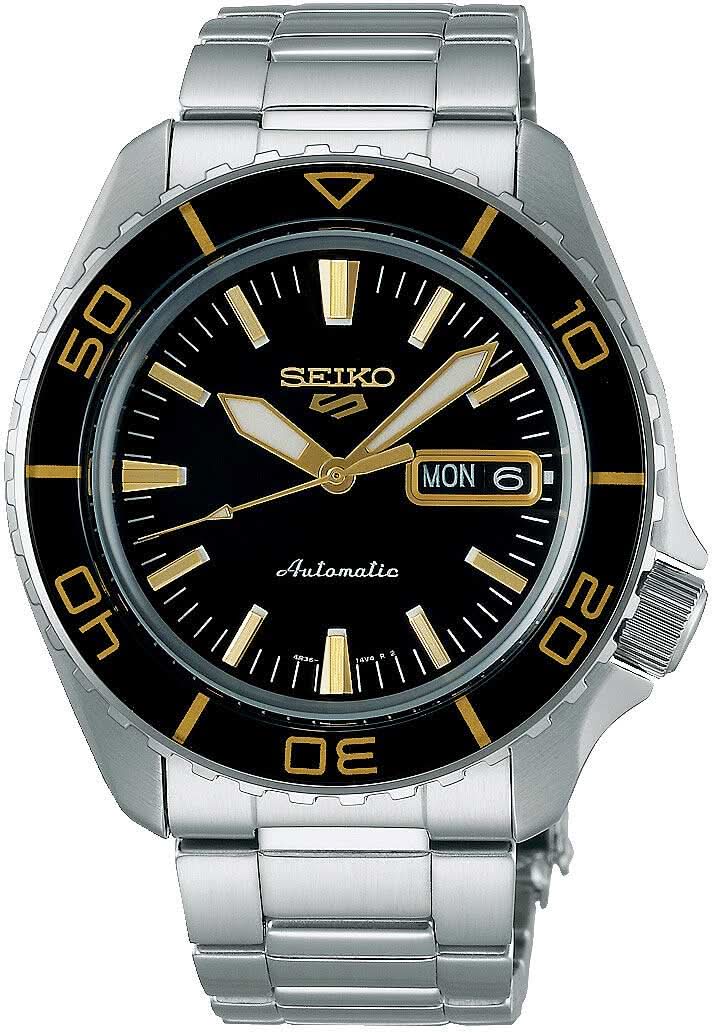 Montre Seiko 5 Sports pour homme : cadran noir, accents dorés, bracelet en acier