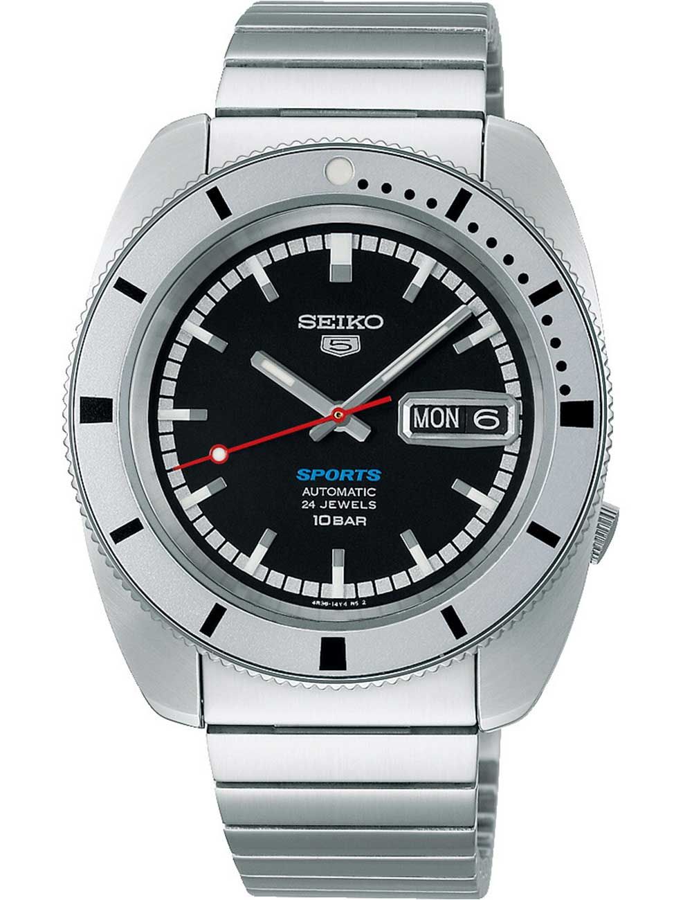 Herrenarmbanduhr SEIKO 5 Sports mit schwarzem Zifferblatt und Edelstahlarmband