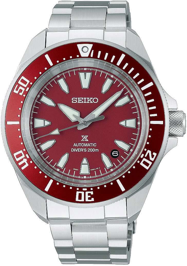 Seiko 5 Sports Herrenuhr mit rotem Zifferblatt, roter Lünette und Edelstahlarmband