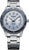 Montre homme avec bracelet en métal, cadran argenté et lunette/échelle bleue, affichage de la date