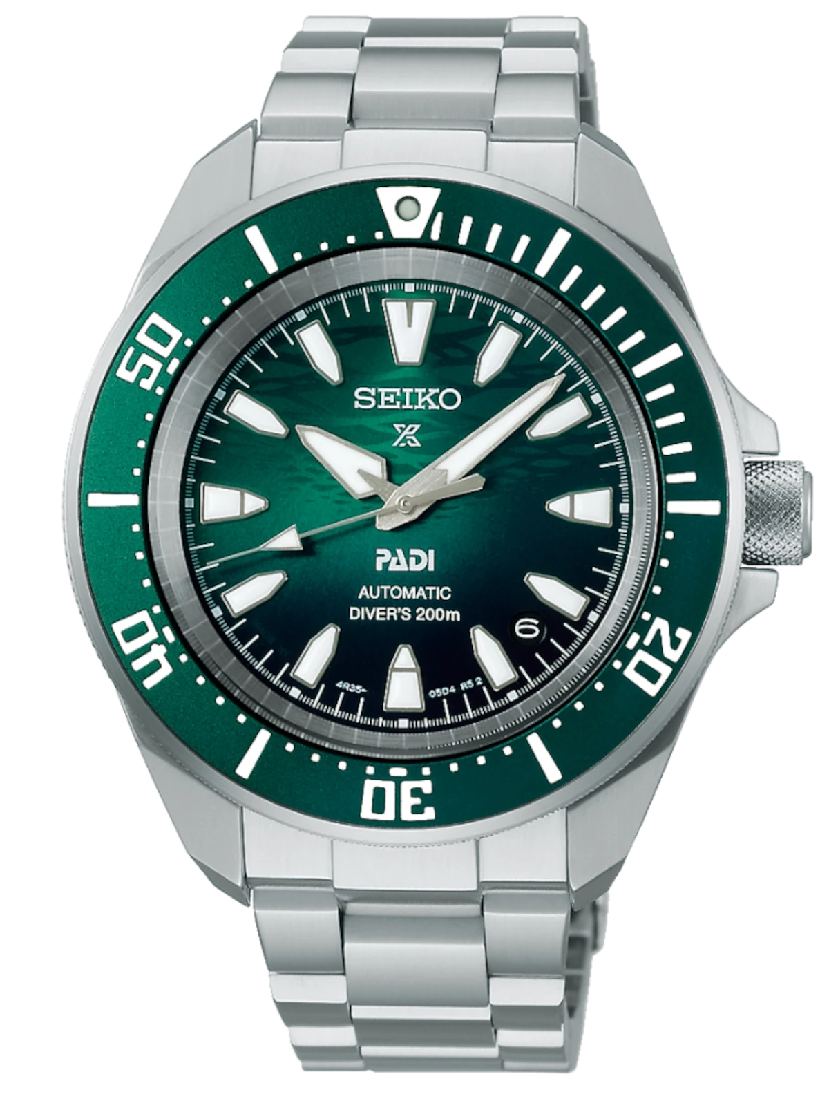 Montre homme avec cadran vert et bracelet en acier argenté, lunette rotative