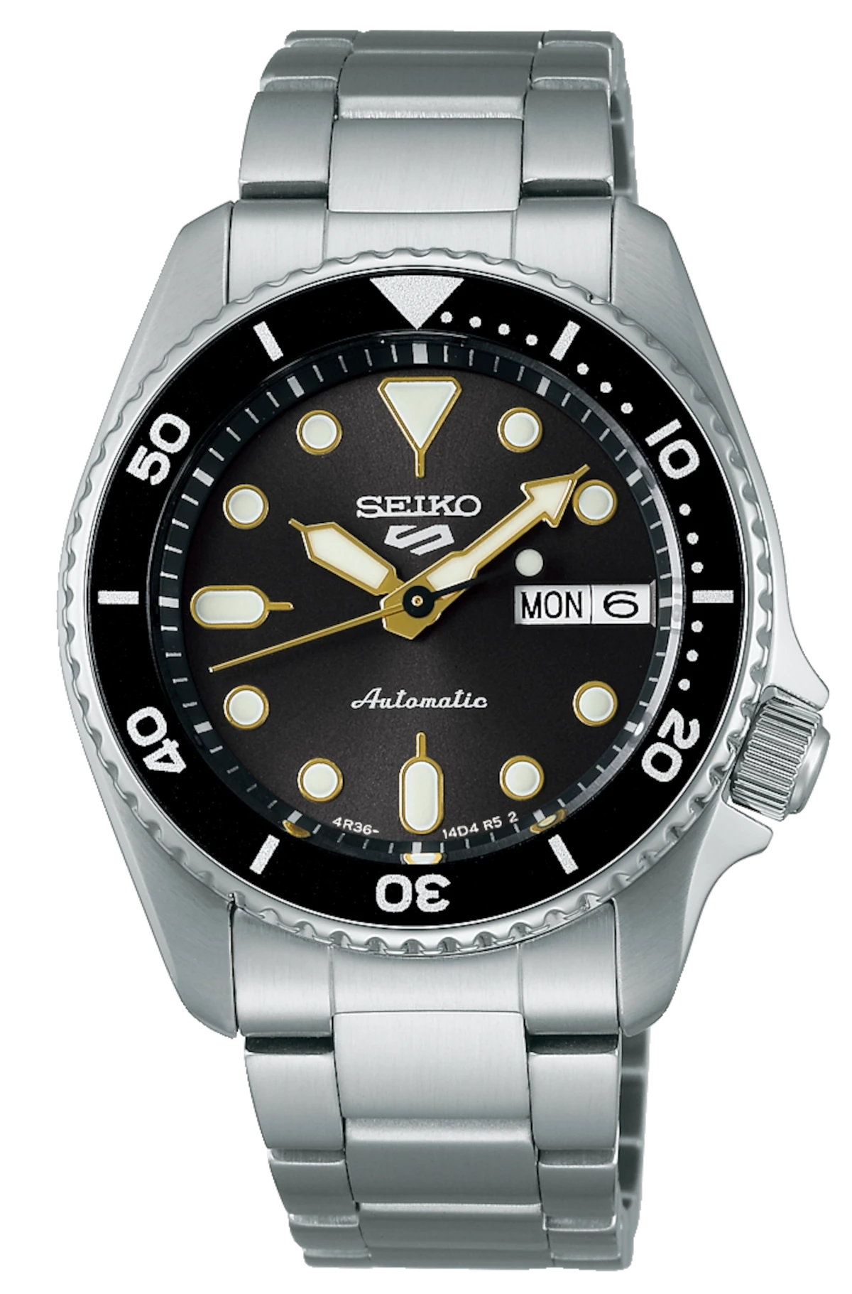 Montre automatique Seiko 5 Sports : cadran noir, aiguilles dorées, date