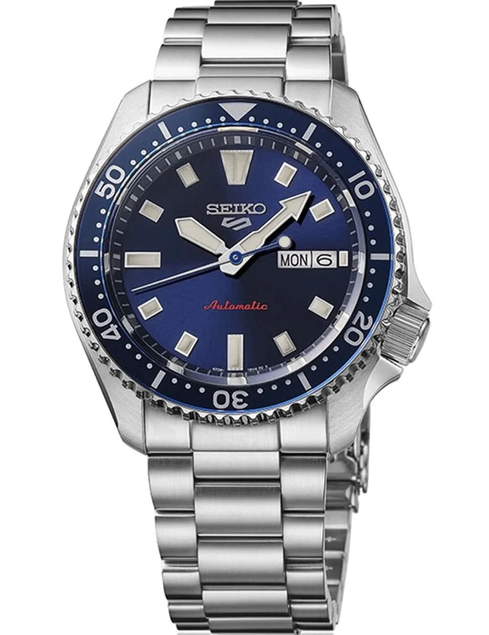 Montre Seiko 5 Sports pour homme avec cadran bleu, bracelet et lunette en acier, date à 6h