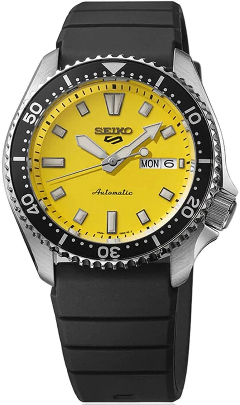 Montre automatique Seiko 5 Sports avec cadran jaune, affichage de la date LUN 6, bracelet noir